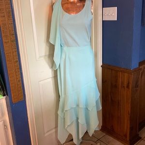 3-piece outfit, aqua color jacket, top and handkerchief skirt